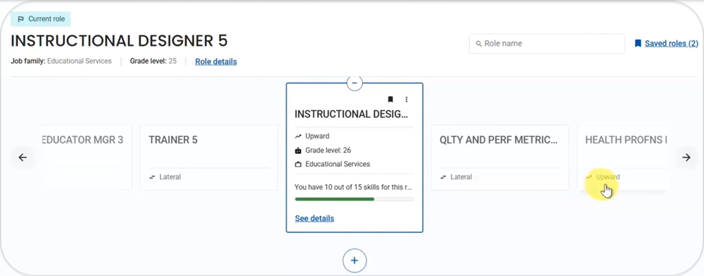 Screenshot of career path to consider, from User Experience Designer 4 to Technical Project Manager 2, highlighting that this employee has 7 out of 15 skills for the role