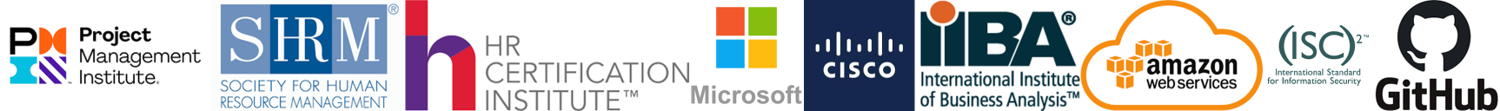 Logos of certifying organizations, including Project Management Institute, Society for Human Resource Management, HR Certification Institute, Microsoft, Cisco, International Institute of Business Analysis, Amazon Web Services, International Society for Information Security, and GitHub