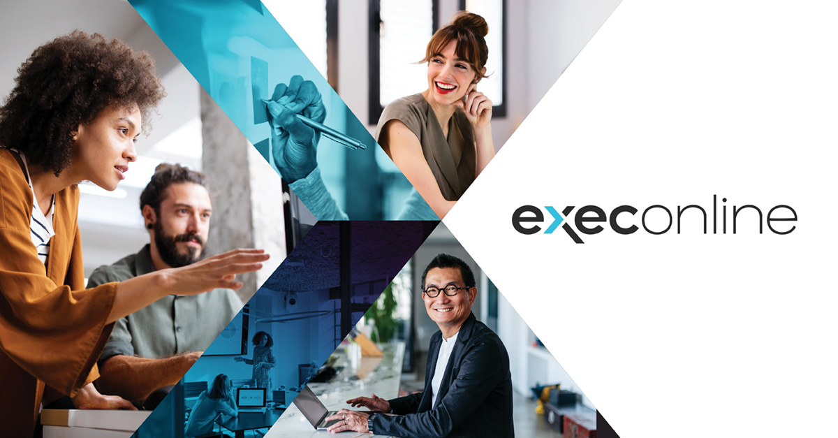 ExecOnline logo with happy, engaged professionals