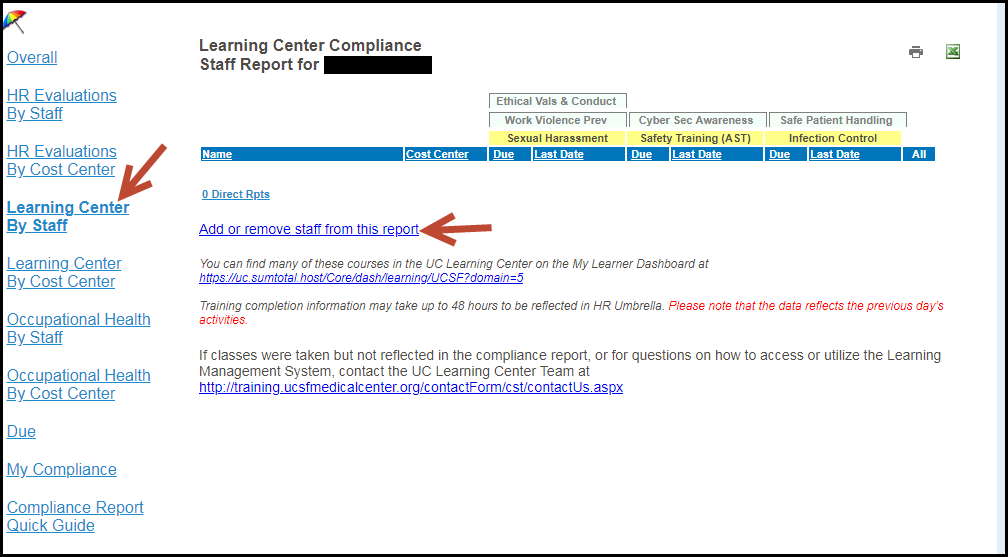In HR Umbrella, select left hand menu "Learning Center By Staff" then "Add or remove staff from this report"