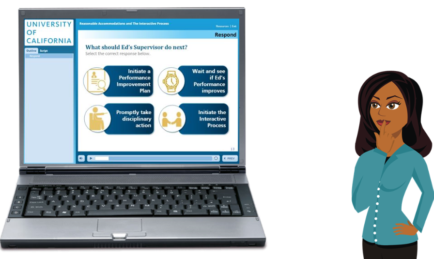 Animated worker looking at options for an online quiz "What should Ed's Supervisor do next? Initiate a performance improvement plan, wait and see if Ed's performance improves, promptly take disciplinary action, or initiate the Interactive Process"