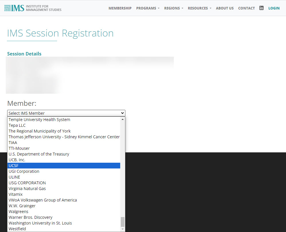 Screenshot of "UCSF" selected from an alphabetic dropdown menu under "Member"