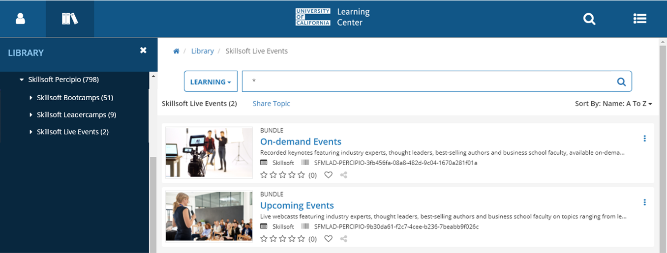 UC Learning Center Library:  Skillsoft Bootcamps, Leadercamps, and Live Events menus