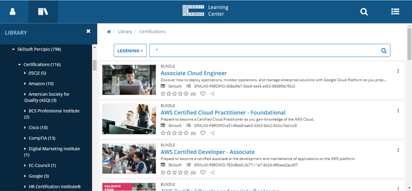 116 Skillsoft Percipio Certifications showing in a UC Learning Center Library search