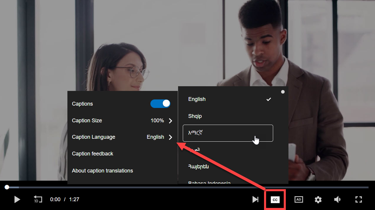 Screenshot indicating to click the "CC" (closed captions) button on Skillsoft courses in order to change the language setting