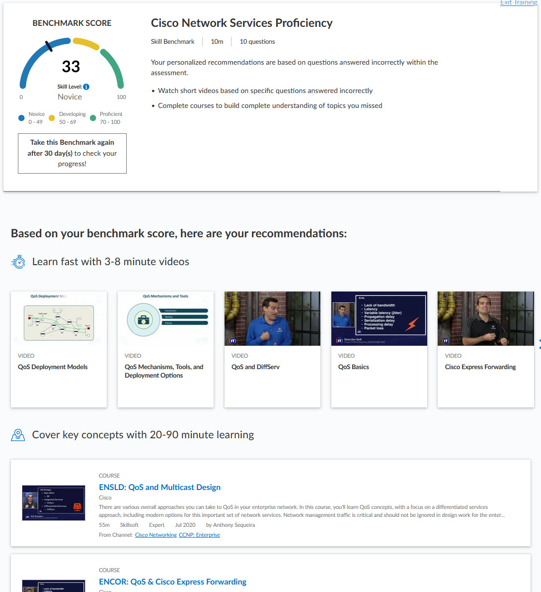 Benchmark score and recommendations for 3-8 minute videos as well as 20-90 minute courses