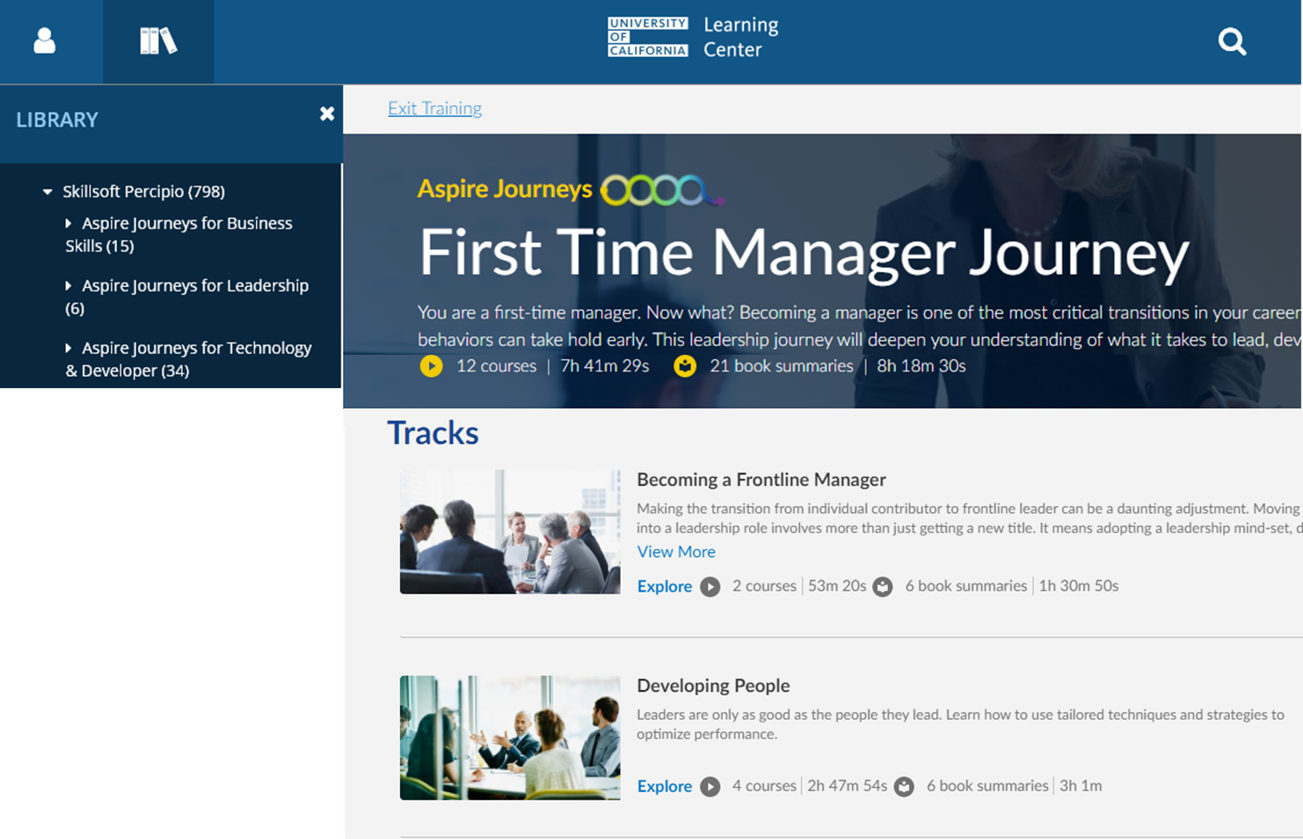 UC Learning Center Library's Skillsoft Percipio Tracks, with Aspire Journey "First Time Manager Journey" track, including 12 courses and 21 book summaries